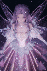 a girl with pink hair and wings is wearing a purple dress