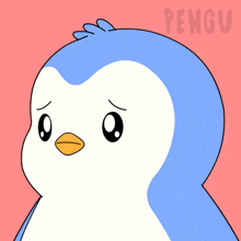 a penguin with a sad look on its face is on a pink background