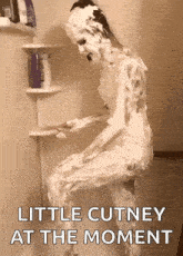 a woman is shaving in a shower with shaving cream on her face and body .