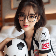 a girl wearing glasses holds a soccer ball and a shirt that says ssstop