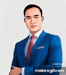 a man in a blue suit and red tie is being made into a gif