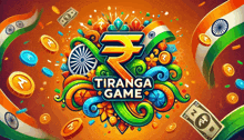 a colorful poster for the tiranga game with coins and bills