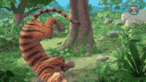 a cartoon of a tiger in the jungle with a power kids world logo in the background