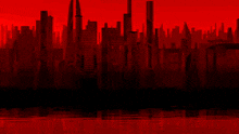 a city skyline with a red background and a reflection of the city in the water