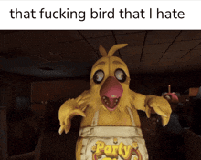 a yellow chicken wearing an apron that says party