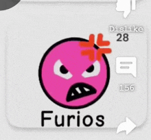 a pink smiley face with a red cross on its forehead and the word furios below it