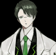 a man with green hair and glasses is wearing a white coat and a green tie