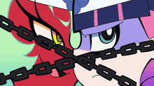 a red and purple cartoon character with chains around their mouths