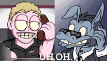 a cartoon of a man talking on a phone next to a cartoon of a donkey