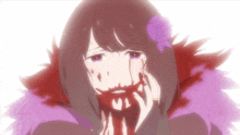 a girl with blood coming out of her mouth has a rose in her hair