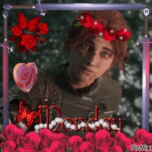 a picture of a man with roses in his hair and the words monday on the bottom