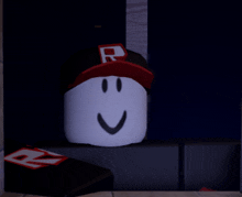 a roblox character wearing a hat with a letter r on it