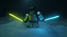 a person holding two lightsabers in their hands