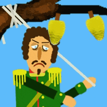 a cartoon drawing of a man in a green uniform holding a stick