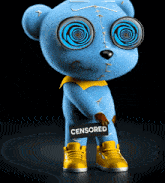 a blue teddy bear is holding a censored sign