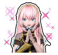 a girl with pink hair and blue eyes is surrounded by pink x 's