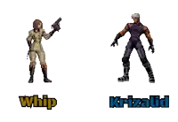 a pixel art of whip and krizalid standing next to each other on a white background