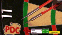 a dart board with a pdc logo and two darts on it