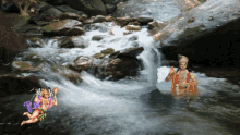 a painting of a man standing in a river with a lion behind him