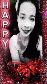 a black and white photo of a woman with the word happy written above her