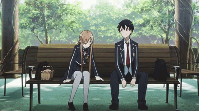 A lovely anime couple that kiss on a bench 