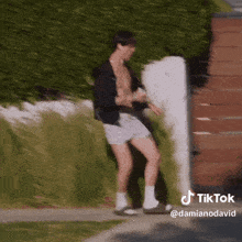 a man in shorts is standing next to a wall and a sign that says tiktok on it