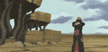 a cartoon character is standing in the middle of a desert holding a sword .