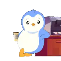 a cartoon penguin is holding a cup of coffee that says ' coffee ' on it