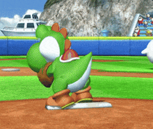 a cartoon character named yoshi is standing on a baseball field