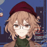 a girl wearing glasses and a red hat is talking on a computer screen
