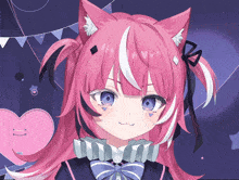a close up of a girl with pink hair
