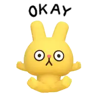 a yellow bunny says okay with its arms outstretched on a white background