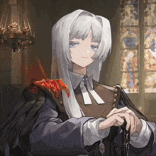 a painting of a girl with long white hair and a stained glass window in the background