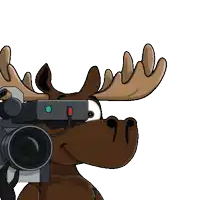 a moose is holding a camera with a green button
