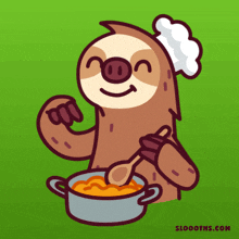 a cartoon sloth wearing a chef 's hat is stirring a pot of food