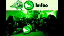 a green imfao logo with a picture of a crowd