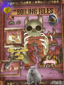 a poster for the boiling isles with a skull and animals on it