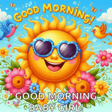 a cartoon sun wearing heart shaped sunglasses says good morning