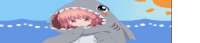 a girl with pink hair is wearing a shark outfit