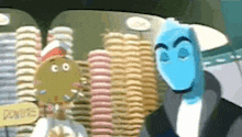 two cartoon characters are standing next to each other in front of a stack of cookies .
