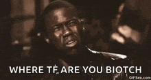 a man is making a funny face and says `` where tf are you biotch '' .