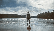 a woman is standing on a rock near a lake with a quote from john 8:50 kjv .