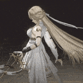 a woman with long blonde hair is holding a bow and arrow in her hand