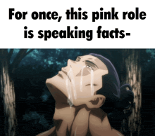a man is crying with the words " for once this pink role is speaking facts " on the bottom