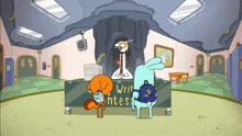 a cartoon scene with a sign that says write contests