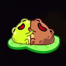 a cartoon of two frogs sitting on a green leaf