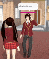 a boy and a girl are standing next to each other in a video game and the girl is asking the boy who is he .