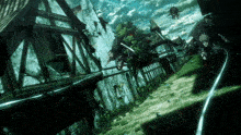 a group of anime characters are flying over a destroyed building