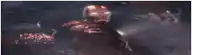 a man in a red suit is holding a red laser .