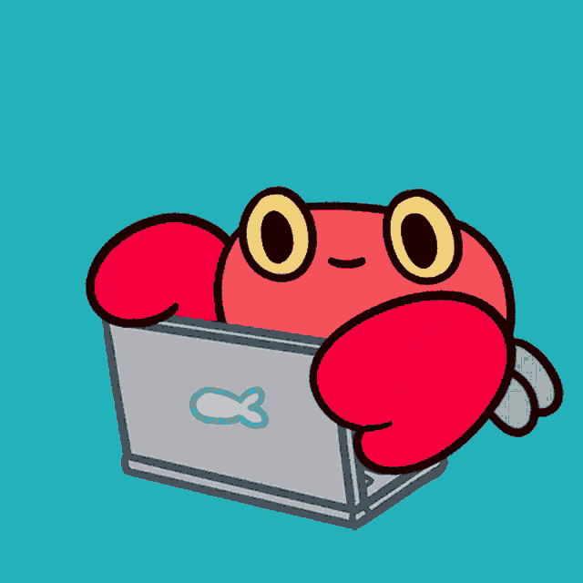 a cartoon of a red crab with a heart shaped claw holding a broken piece of paper